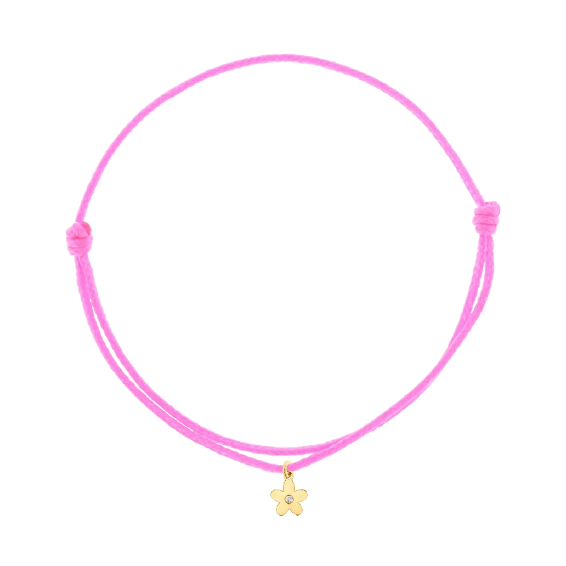 14K Yellow Gold / Neon Pink Cord / Diamond Flower