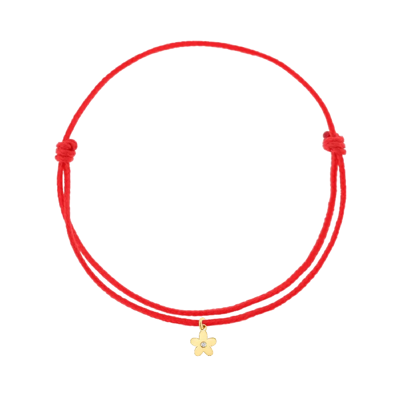 14K Yellow Gold / Red Cord / Diamond Flower