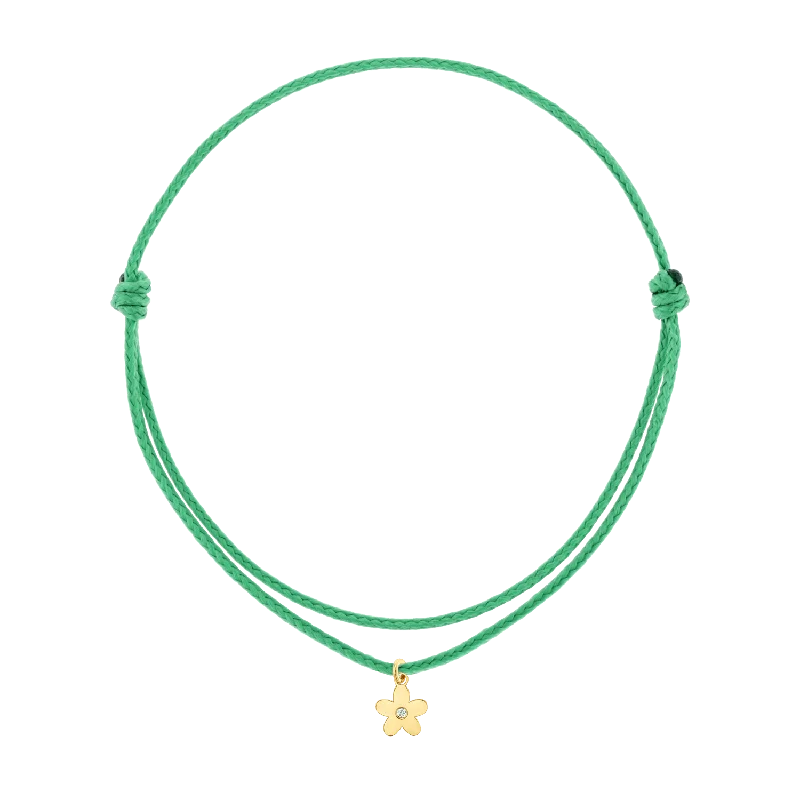 14K Yellow Gold / Green Cord / Diamond Flower