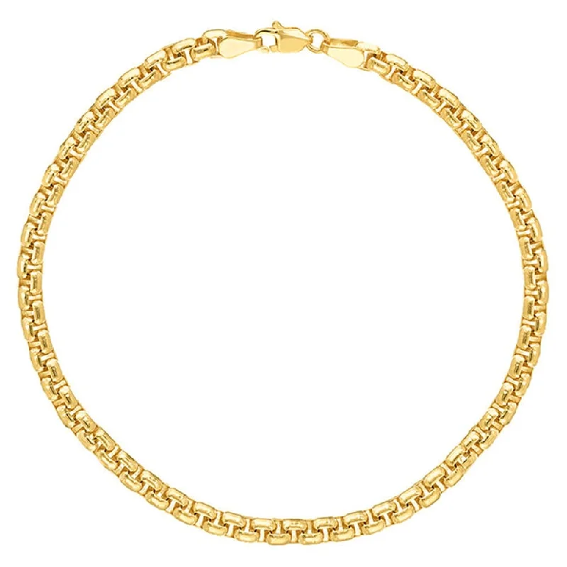 14K Yellow Gold 4mm Solid Round Box Chain Bracelet with Lobster Lock, 8.5