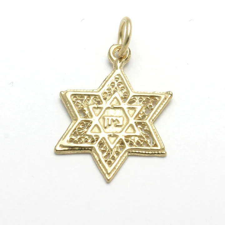 14k Yellow Gold Jewish Star of David Pendant Filigree Zion