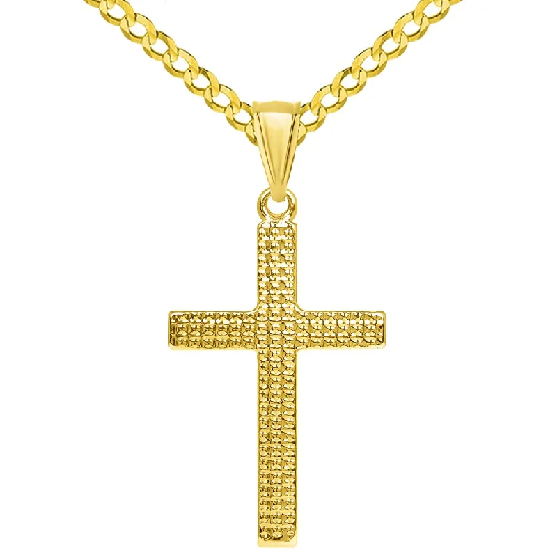 14k Yellow Gold Polished and Textured Religious Cross Pendant with Rolo Cable, Cuban Curb, or Figaro Chain Necklaces