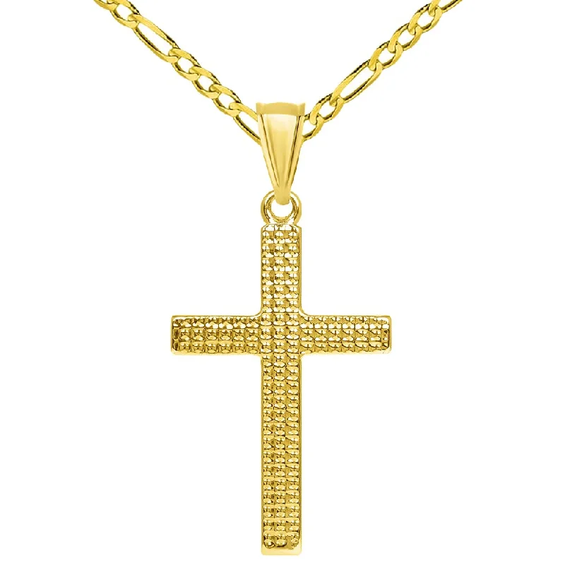 14k Yellow Gold Polished and Textured Religious Cross Pendant with Rolo Cable, Cuban Curb, or Figaro Chain Necklaces