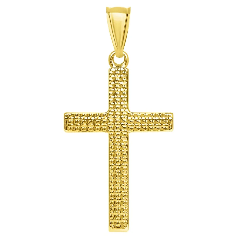 14k Yellow Gold Polished and Textured Religious Cross Pendant with Rolo Cable, Cuban Curb, or Figaro Chain Necklaces