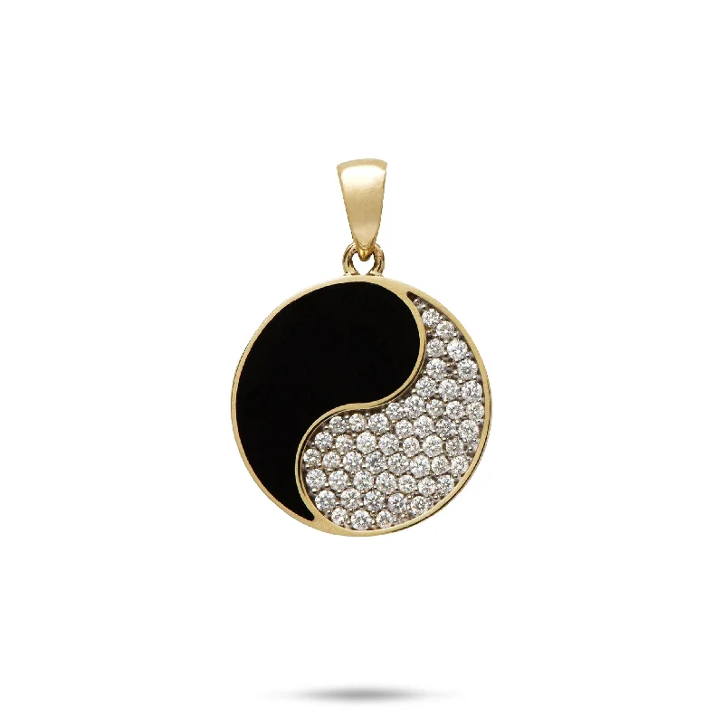 Yin Yang Black Coral Pendant in Gold with Diamonds - 19mm