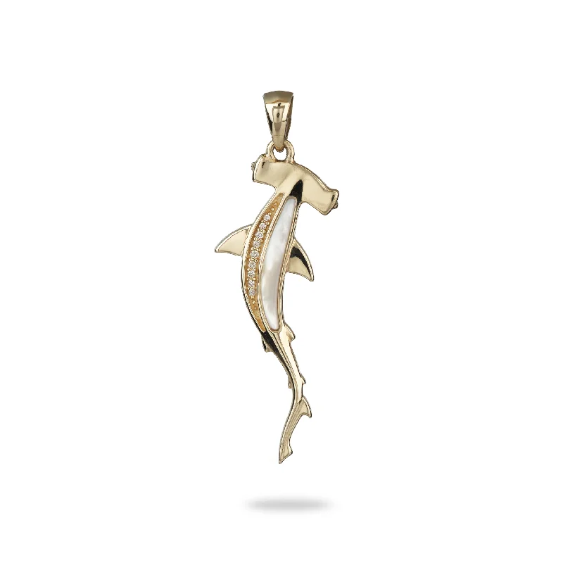 Sealife Hammerhead Shark Mother of Pearl Pendant in Gold with Diamonds - 34mm