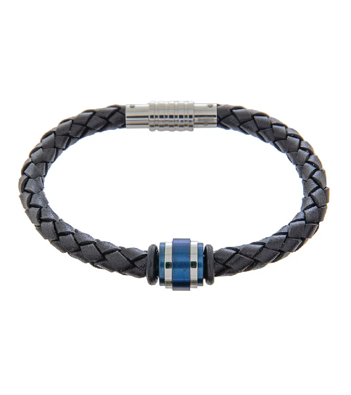 Mens Bracelet 21cm Black Leather with Blue Accent