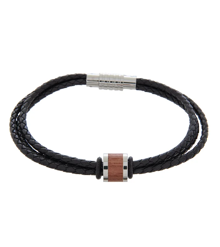 Mens Bracelet 23cm Triple Black Leather with Bubinga Link