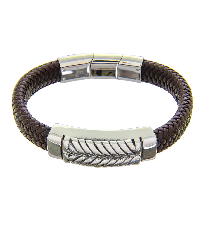 Mens Bracelet Steel Bangle with Brown Leather and extender