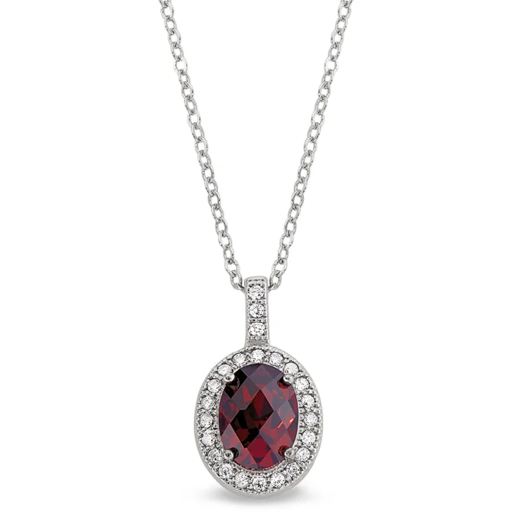 Platinum Finish Sterling Silver Micropave Facet Cut Garnet Colored Pendant with Simulated Diamonds on 18