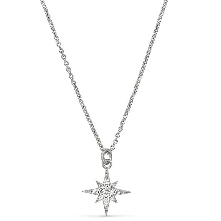 Platinum Finish Sterling Silver Micropave Starburst Pendant with Simulated Diamonds on 16