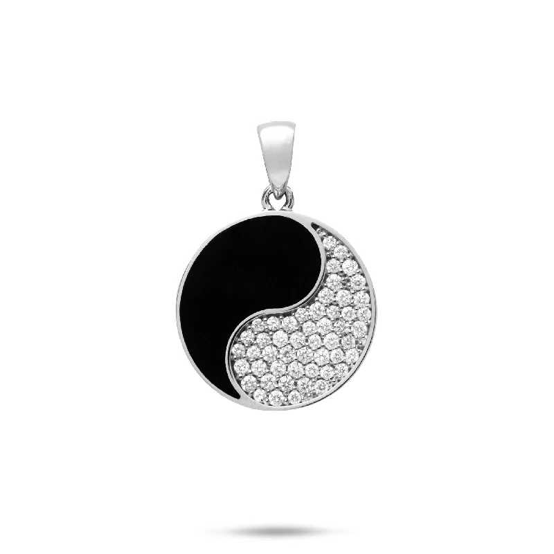 Yin Yang Black Coral Pendant in White Gold with Diamonds - 19mm