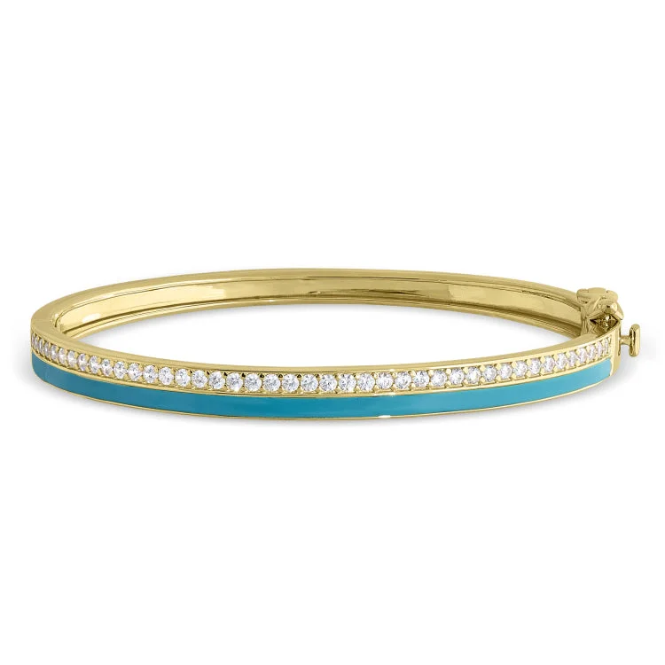 Gold Vermeil Sterling Silver Micropave Hinged Bangle Bracelet with Turquoise Enamel and Simulated Diamonds