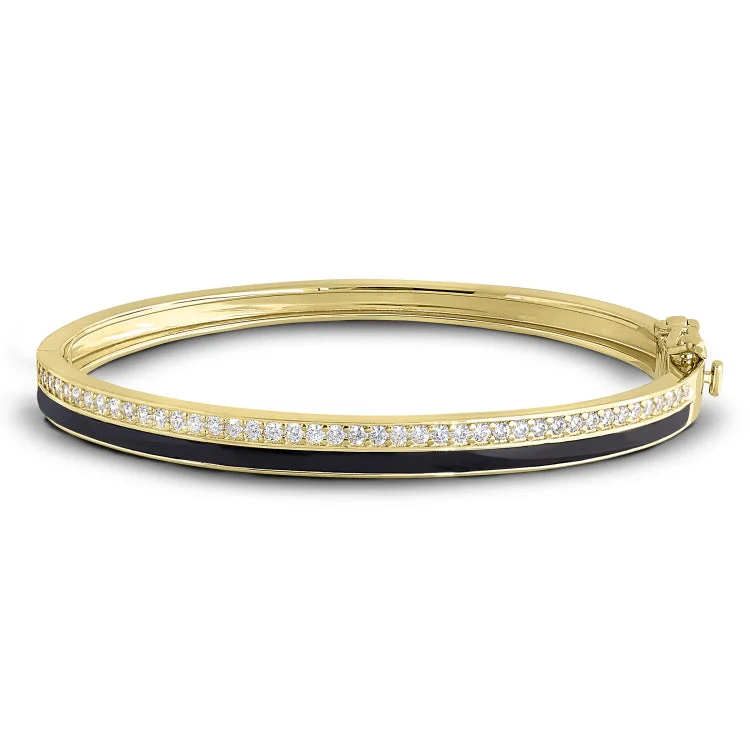 Gold Vermeil Sterling Silver Micropave Hinged Bangle Bracelet with with Black Enamel and Simulated Diamonds