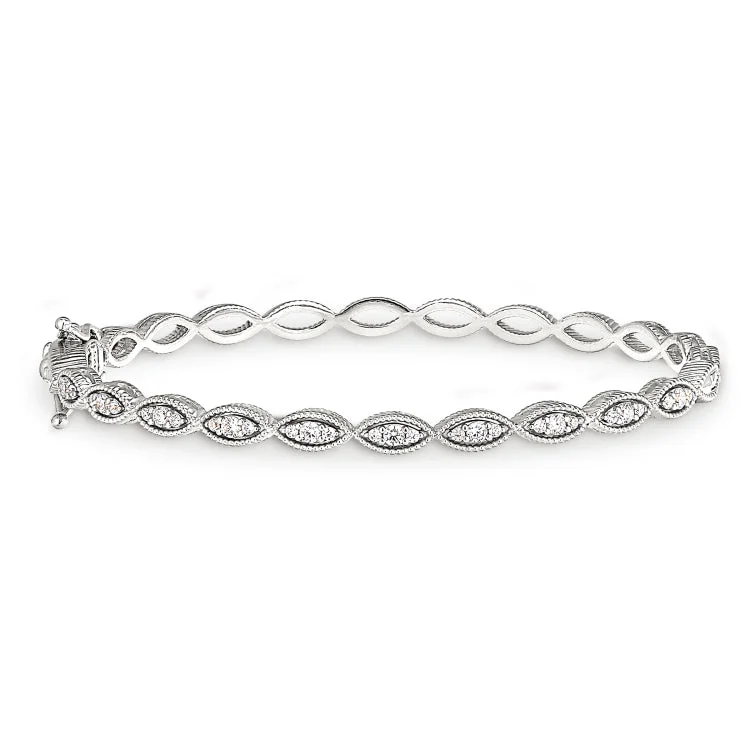 Platinum Finish Sterling Silver Micropave Three Stone Marquis Bangle Bracelet with Simulated Diamonds