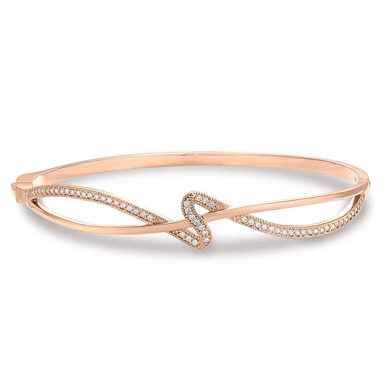 Rose Gold Finish Sterling Silver Micropave Ribbon Swirll Bangle Bracelet with Simulated Diamonds