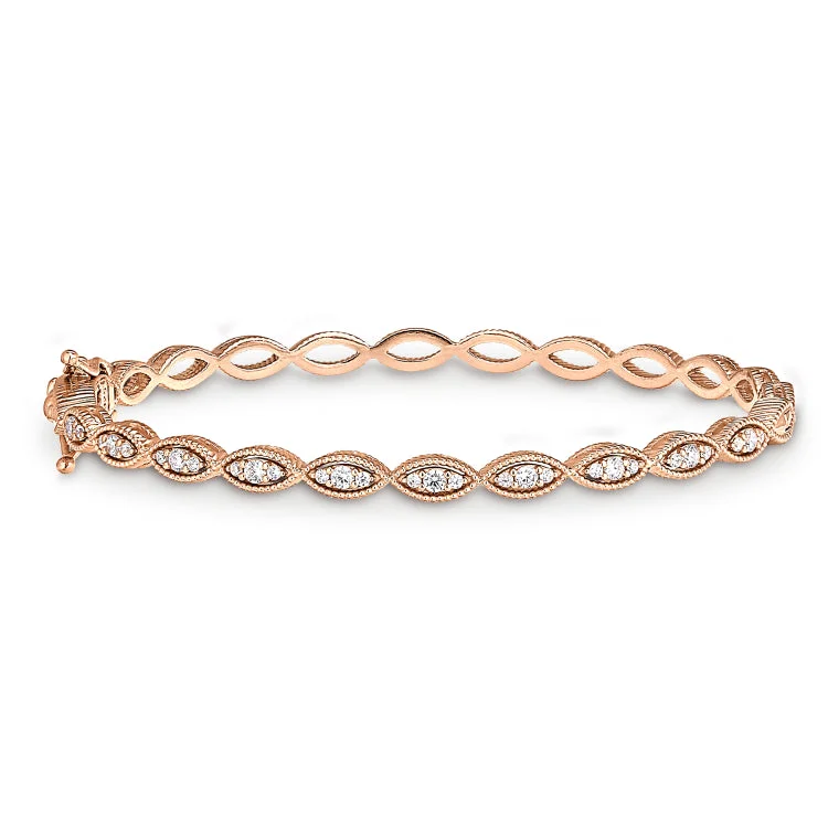 Rose GoldFinish Sterling Silver Micropave Three Stone Marquis Bangle Bracelet with Simulated Diamonds