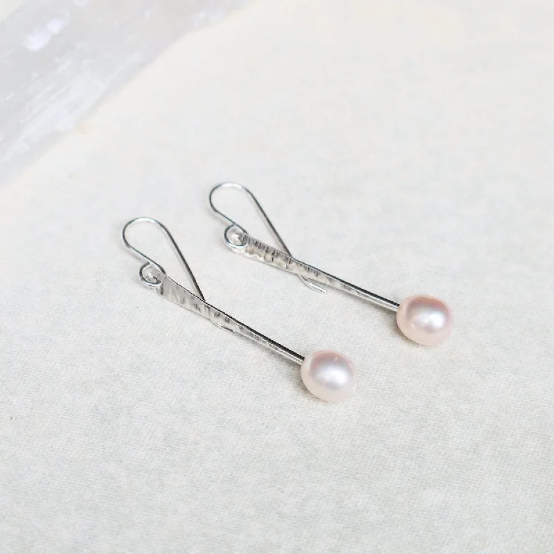 Small Silver Stick with Pink Pearl Earrings