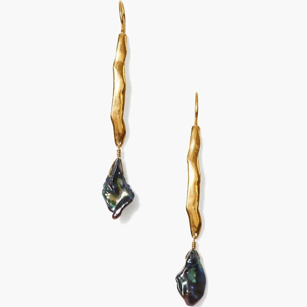 Gold Wave Pearl Drop Earrings in Peacock