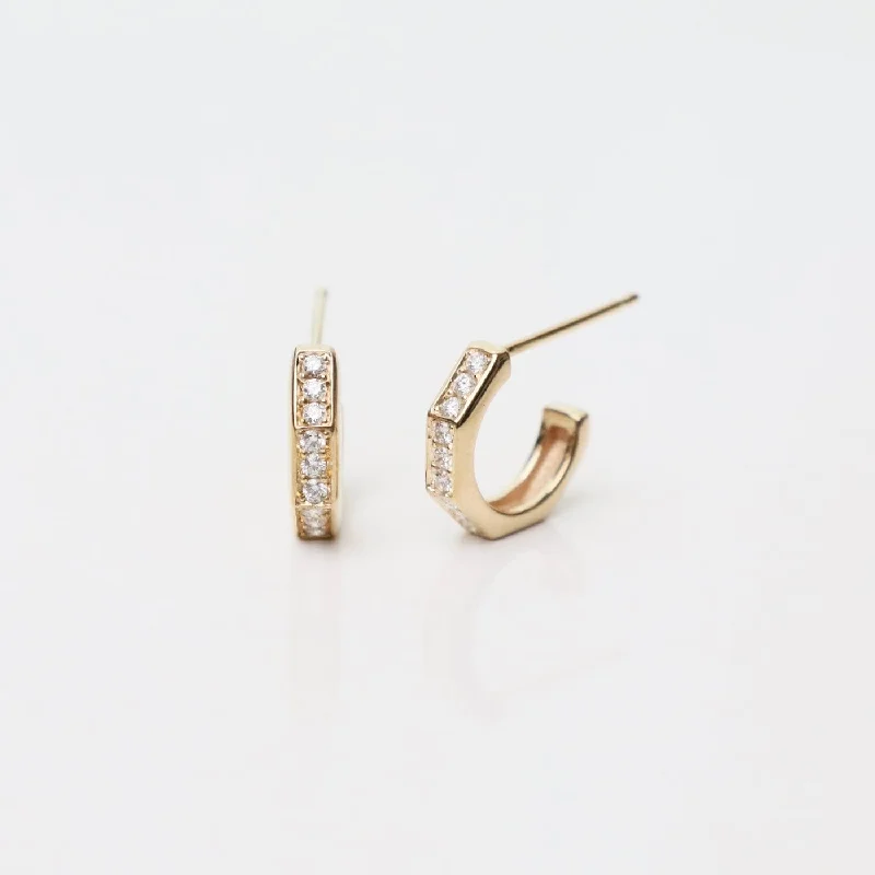 14k Gold Octagon Huggie Hoops with Pave Diamonds