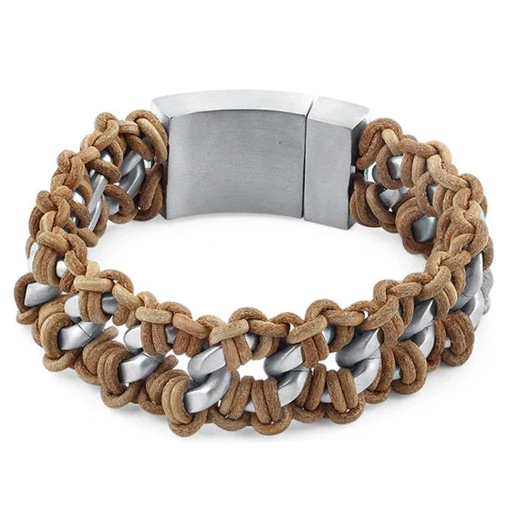 Stainless Steel Chain Tan Leather Bracelet