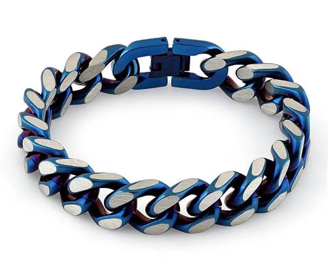 Stainless Steel Curb IP Blue Link Bracelet