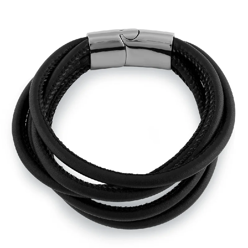 Stainless Steel Layered Black Leather Bracelet